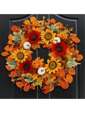 Large 26 Inch Fall Wreath for Front Door - Realistic Maple Leaves, Sunflowers